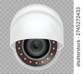Realistic Dome CCTV IP Security Camera with Infrared LED Night Vision. Surveillance Monitoring System Vector Illustration on Transparent Background