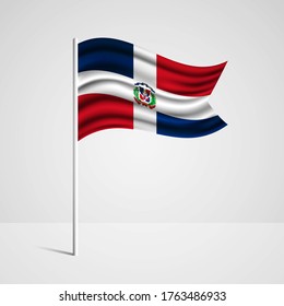 Realistic Dominican Republic country flag waving in wind. Abstract country flag with flagpole isolated on grey background