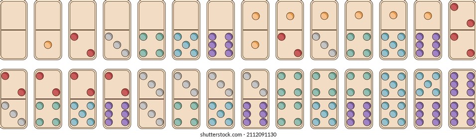 Realistic domino full set of domino with different color dots. Hand-drawn vector collection of domino set of 28 tiles. Simple flat illustration. Domino bones. Board games.