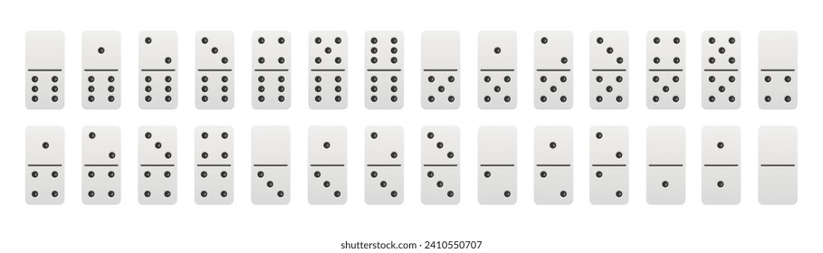 Realistic domino full set. Dominoes bones vector illustration. 28 pieces for game graphic element