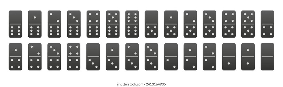 Realistischer Domino voller Satz. Dominoes Knochen, Vektorgrafik. 28 schwarze Stücke für Spielgrafik-Element