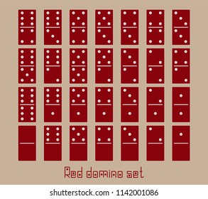 Realistic Dominoes full set 28 flat pieces for game . Red collection. Abstract concept graphic element, domino effect gaming icons set , Vector illustrations
