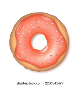 Realistic donut cake. Doughnut dessert with pink icing and sprinkles. Bakery sweet pastry food, cafe confectionery and colorful glazed donut. 3d vector illustration