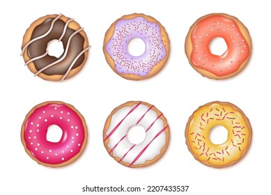 Realistic donut cake set. Doughnut desserts with chocolate cream icing and sprinkles. Bakery sweet pastry food, cafe confectionery and colorful glazed donuts. 3d vector illustration