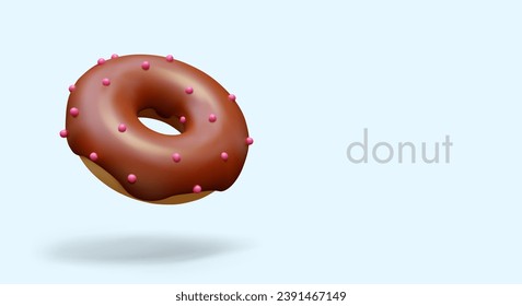 Realistic donut with chocolate topping and pink sprinkles. Sweet decorated fast food. Hot glazed snack. Color advertising for social networks. Commercial for cafeteria