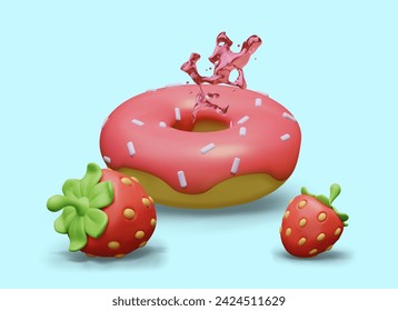 Realistic donut with red topping and sprinkles, sweet syrup, strawberry
