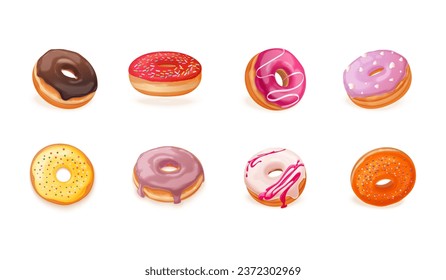 Realistic donuts. 3d donut in glaze sprinkles, glazed doughnut chocolate frosting or round cupcake colourful icing, sweets fried pastry dessert vector illustration of doughnut bakery, realistic sweet