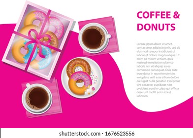 Realistic donuts and coffee top view