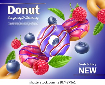 Realistic donuts poster. Sweet pastries with fruit, berry glaze, flying donut with mint leaves, raspberry and blueberry, high calorie desserts, tasty bakery flyer, utter vector concept