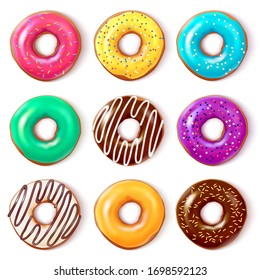 Realistic donuts set isolated on a white background. Appetizing sweets with colorful glaze. Vector illustration