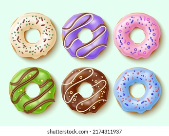 Donuts realistas. Pasteles dulces con diferentes tipos de glazas y espolvorines, vista superior, productos de panadería 3d, postre redondo, rosa y chocolate, pistacho y vainilla, vectores absolutos