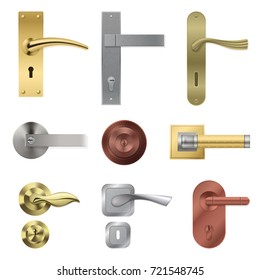 Realistic door handle collection with isolated metal lever images of different shape and colour with keyholes vector illustration