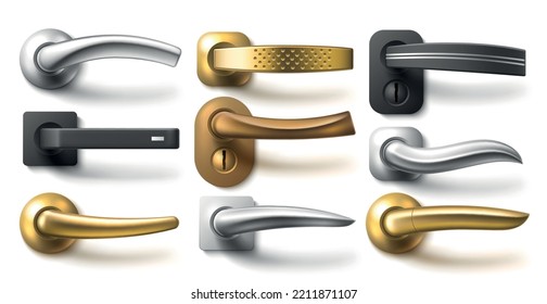 Realistic door handles. Different metal furniture and interior accessories, steel straight classic and curved modern handles. Entry in room. Silver and golden 3d elements, utter vector set