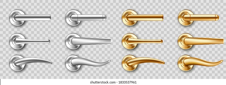 Realistic door handles set, golden and silver knobs of different shapes. Shiny gold and steel modern metal doorknobs, design elements for interior isolated on transparent background 3d vector icons