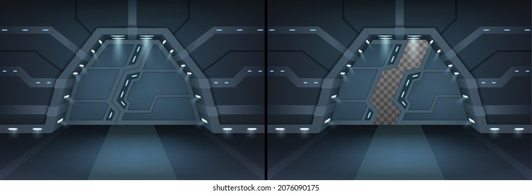 Realistic Door, Sliding Entrance Gates In Spacecraft Hallway Interior. Closed And Slightly Ajar Shuttle Or Laboratory Exit, Bunker Gateways. 3d Vector Illustration