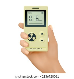 Realistic dosimeter in hand. Vector 3D illustration.