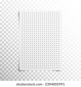 Realistic dotted grid paper sheet. Black point texture for architect project, writing, calligraphy drawing. Dot grid for notebook a4 paper size. Vector illustration