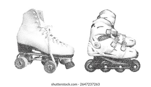 Realistic Dotted Photocopy-Effect Illustration of Two Retro Roller Skates in Monochrome