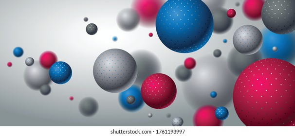 Realistic dotted spheres vector illustration, abstract background with beautiful balls with dots and depth of field effect, 3D globes design concept art.