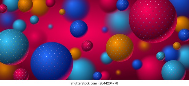 Esferas punteadas realistas ilustración vectorial, fondo abstracto con bolas hermosas con puntos y profundidad de efecto de campo, globos 3D concepto arte.