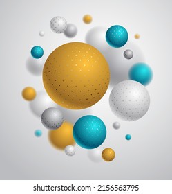 Esferas punteadas realistas ilustración vectorial, fondo abstracto con bolas hermosas con puntos y profundidad de efecto de campo, globos 3D concepto arte.