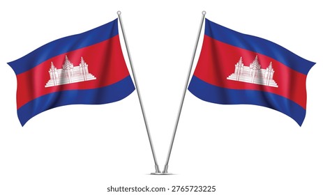 Realistic Double CAMBODIA Flag Mockup with Wavy Fabric Effect