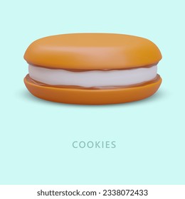 Realistic double cookies with cream filling. Round sweet snack. Delicious pastries for breakfast. Color layout with inscription. Vector banner in cartoon style