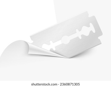 Realistic double edge safety razor blade cuts the paper sheet. Easy to use for your project. Vector illustration. Perfect to your design. EPS10.	