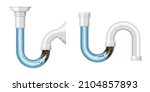 Realistic drain pipe clogged with mud, isolated 3d set. Sink pipe with liquid cleaning detergent effect. Silver sewerage siphon with clog on white background. Vector illustration