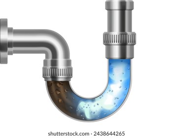 Tubo de drenaje realista obstruido con barro, conjunto 3D aislado. Tubería del fregadero con efecto del detergente de la limpieza del líquido. Plantilla de la publicidad para el limpiador de drenaje con el agente químico potente que limpia la tubería de agua sucia.