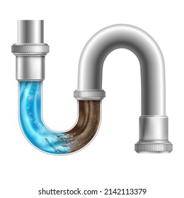 Realistic drain pipe. Clogging plumbing 3d pipes under sink or sewerage, liquid cleaner for unclog toilet drains, clean water block in dirt piped drainage tidy vector illustration. Pipe plumbing