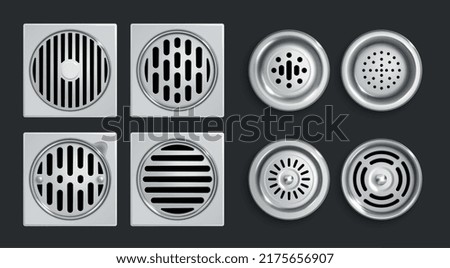 Realistic drainage grates icon set square and round drains with different hole sizes vector illustration