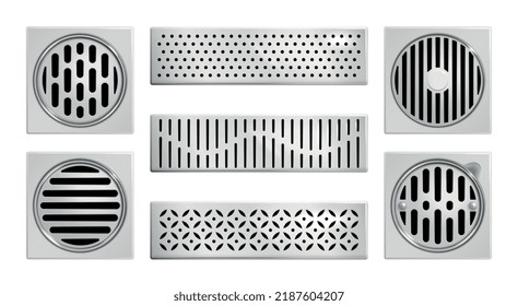 Realistic drainage grates shower icon set square and rectangular drains in the bathtub and sink vector illustration