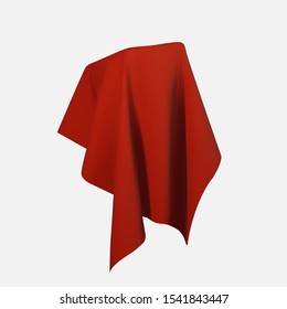 Realistic drapery fabric 3d. Box covered with red silk cloth isolated on white background. Box of tricks and magic. Table for exhibition objects. Vector illustration