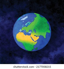 Realistic draw vector illustration of Planet Earth in open space with stars. View of the Earth from orbit. Graphic, colored hand-drawn sketch. Based on watercolor painting Cartoon clipart of the globe
