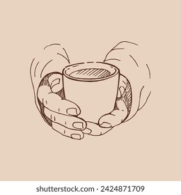 Realistic drawing of beautiful hands holding a mug with a hot beverage. Vector illustration isolated.