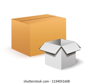 Realistic drawing of cardboard boxes.Packaging, box. Concept of warehouse logistics of the store and transport. Isolated, white. Vector