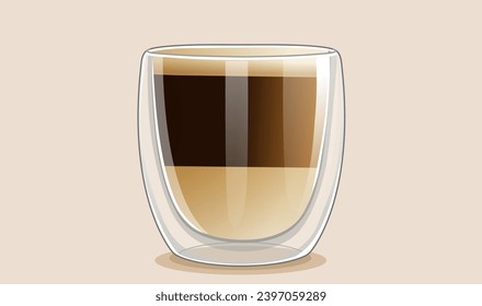 Realistic drawing of coffee in a modern double-wall glass. Vector illustration. Object isolated on a simple background.