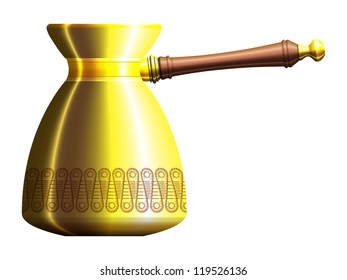 Realistic drawing of golden metal turkish cezve with geometrical ornament. Eps10