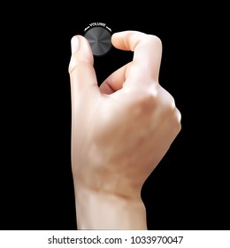 Realistic drawing of a human male hand twisting a knob. Volume control. Black background. Vector illustration.