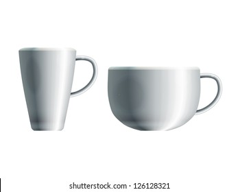 Realistic drawing of two blank white ceramic cups. Eps10