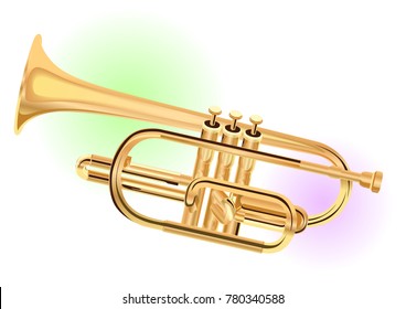 Realistic drawn trumpet, colored blots behind. White background