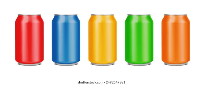 Realistic drink can 3d mockups of vector beer, soda, sparkling water or energy drink, soft beverage, coffee, fruit juice and lemonade packages. Color aluminium cans, silver metal or tin jars set