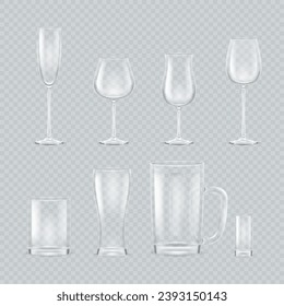 Realistic drink glasses. 3d empty cups, glass mug clear goblet for wine beer martini liquor rum champagne, mockup transparent glassware alcohol cocktail, decent vector illustration of glass drink