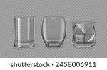 Realistic Drinking Glasses, Isolated 3d Vector Clear Durable Cups Featuring Cylindrical, Crystal and Rounded Shapes