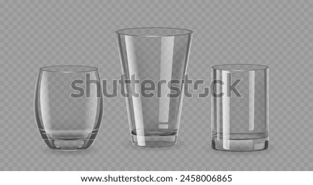 Realistic Drinking Glasses Made Of Clear Or Tinted Glass. 3d Vector Cups of Cylindrical, Rounded and Tapered Shapes
