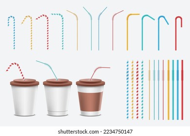 Realistic drinking straw set with paper cups of coffee, bent and straight. Colorful tube pipes for beverages cold and hot, summer cocktail accessory. 3d vector illustration