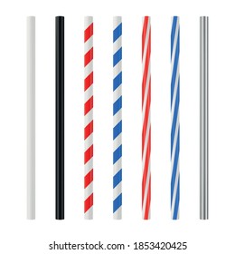 Realistic drinking straw set. Plastic cocktail tube with colored stripes. Vector mockup