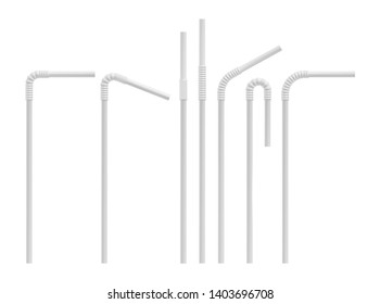 Realistic drinking straw set. Straight and bent plastic cocktail tube. Vector mockup.