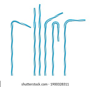 Realistic drinking straw set. Straight and bent plastic cocktail tube with blue stripes. Vector mockup